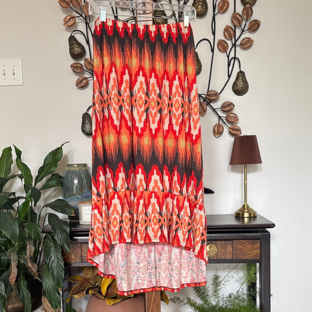 C&C California Women's Red Orange Ikat Print High-Low Skirt 100% Cotton size M